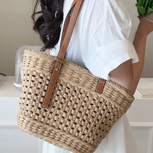 2025 Summer Handwoven Straw Beach Tote Bags for Women Vintage Hollow Out Handbag Basket Rattan Vacation Shoulder Bag