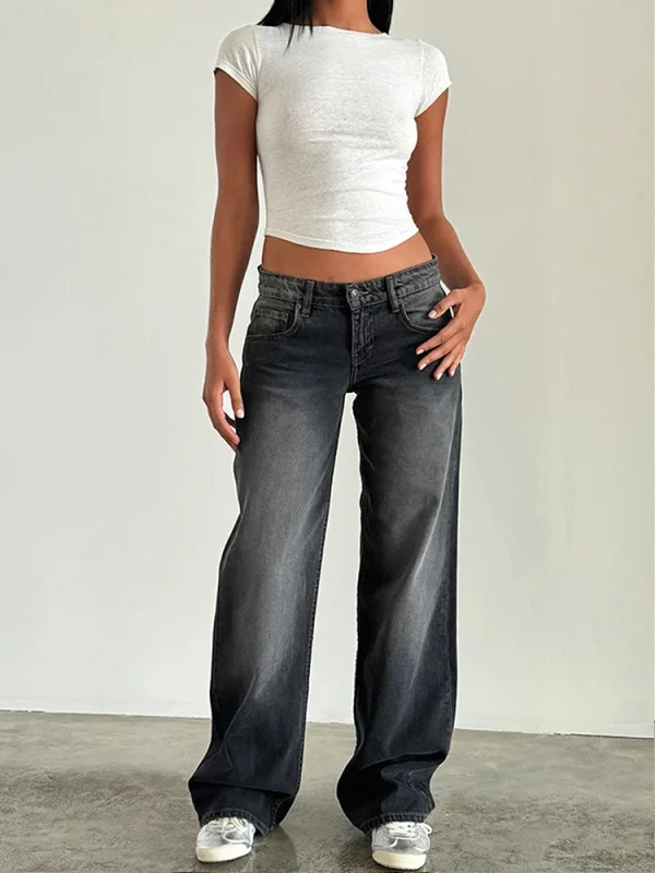 Straight-leg High Waist Jeans Women 2025 New Leg Pockets Pants Y2k Long Denim Trousers Vintage Grey Washed Jeans