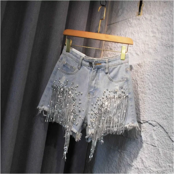 Women Sequined Fringe Denim Shorts Summer Rhinestone Pearl Beading Short Jeans Casual Fashion High Waist Female A-line Shorts - Image 2
