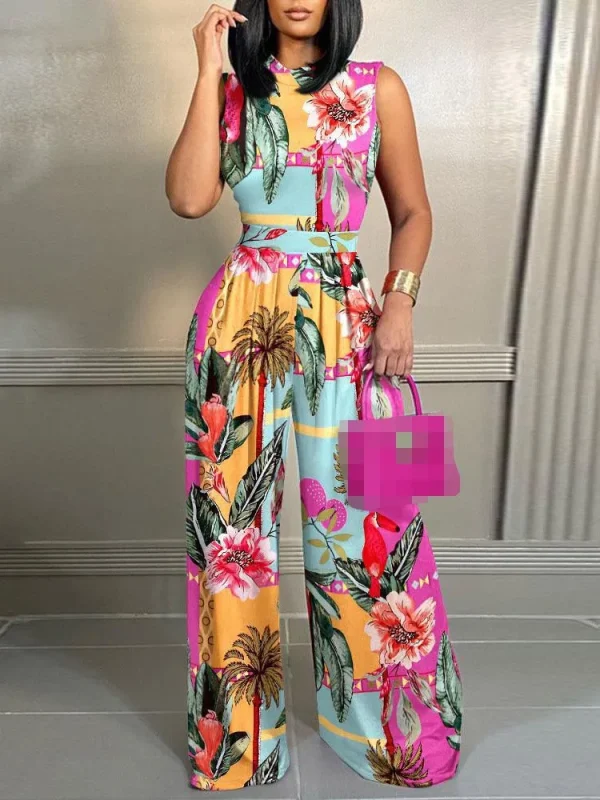 Leisure Vacation Jumpsuit Pants Women Casual Straight Leg Pants Fashionable Printed Sleeveless Stand Up Collar Slim Fit Jumpsuit