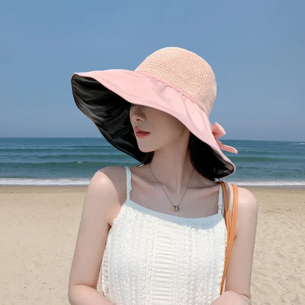 Summer Sun hat women's straw woven anti ultraviolet sun visor hat with big brim seaside black glue breathable Bucket hat sun hat - Image 6