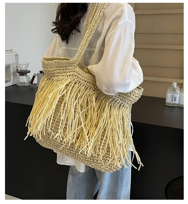 Casual Tassel Woven Women Shoulder Bags Handmade Fringe Lady Handbags Summer Beach Large Tote Bag Big Shopper Purse for Vacation - Image 2