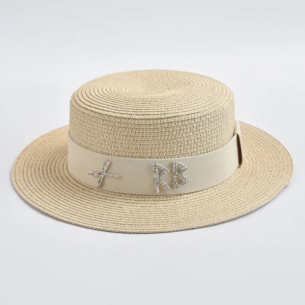 New Straw Hats for Women Fashionable Metal RB Letter Elegant Holidays Boater Hat Summer Flat Top Beach Sun Hat - Image 4