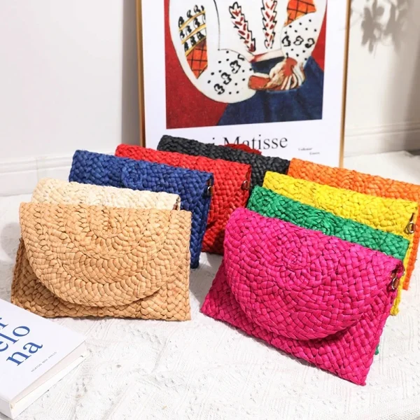 Women Fashion Flap Envelope Bags Summer Beach Bag Handmade Wallet Straw Knitted Handbag Lady Coin Phone Long Purse Clutches - Image 4