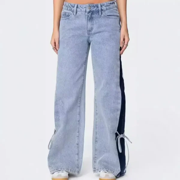 Denim Wide Leg Pants Women Jeans Patchwork Lace Up Washed Distressed Pockets 2025 Streetwear Straight Trousers Y2k Streetwear - Image 2