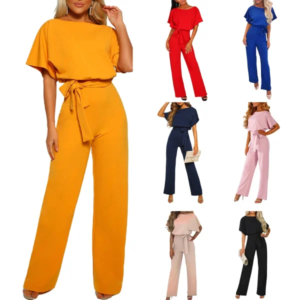 Women's Clothing Summer 2025 Trend Jumpsuit, Elegant Short Sleeve Hollowed Waist Tie Solid Summer Wide Leg Pants - Image 2