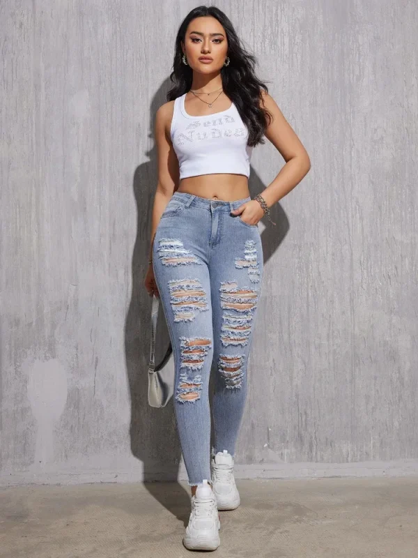 Women Ripped Jeans Cotton Skinny Stretch Lady High Waist Hole Denim Pants Fashion Solid Color Sexy Pencil Trousers - Image 2