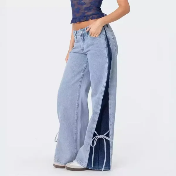 Denim Wide Leg Pants Women Jeans Patchwork Lace Up Washed Distressed Pockets 2025 Streetwear Straight Trousers Y2k Streetwear