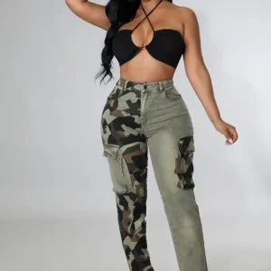 Fashion Women's Jeans Camo Patchwork Vitnage High Waist Y2K Streetwear Casual Denim Pant Spring Skinny Hollow Out Trousers