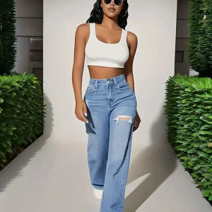 Y2K style women's ripped blue straight jeans - high waist stretch jeans, suitable for casual outings and play wear