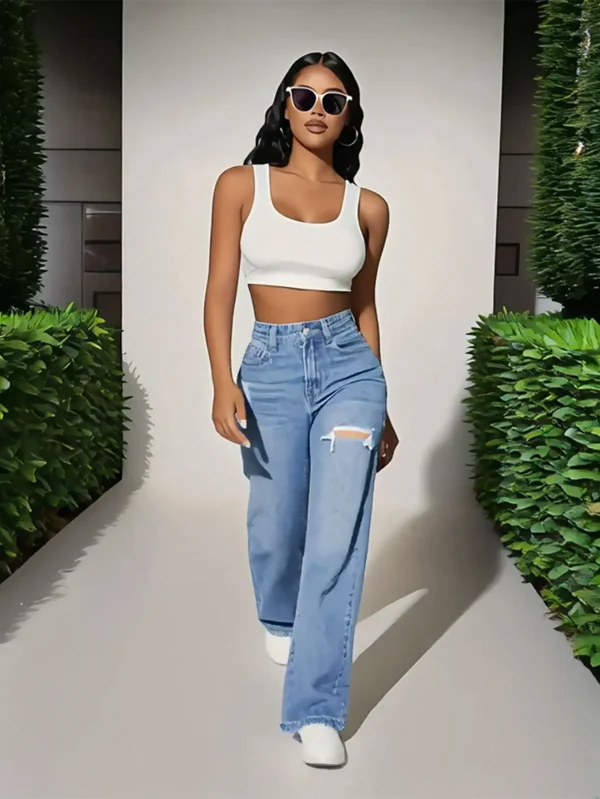 Y2K style women's ripped blue straight jeans - high waist stretch jeans, suitable for casual outings and play wear