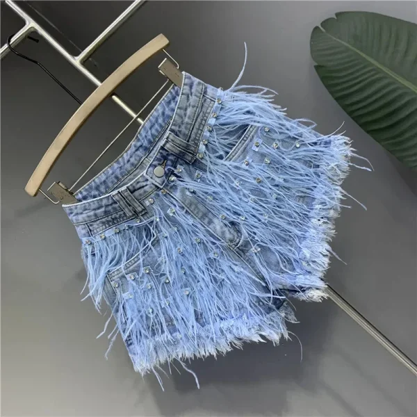 2025 Summer New Personalized Tassel Inlaid Diamond Wash Light Blue Denim Shorts Women's Streetwear Fashion Short Hot Pants - Image 3