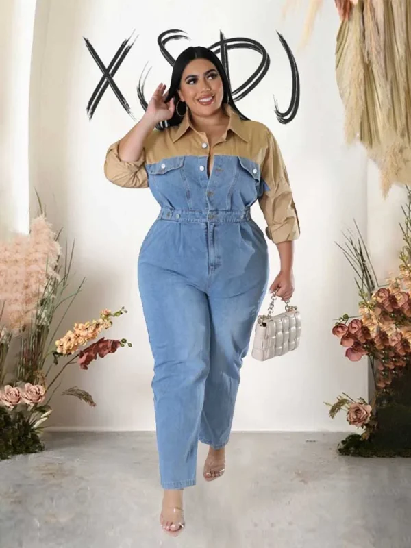 Casual Elegant Womens Jumpsuits with Jeans Autumn Winter Long Sleeve One Piece Outifts Cotton and Denim Jumpsuit Plus Size Lady - Image 3