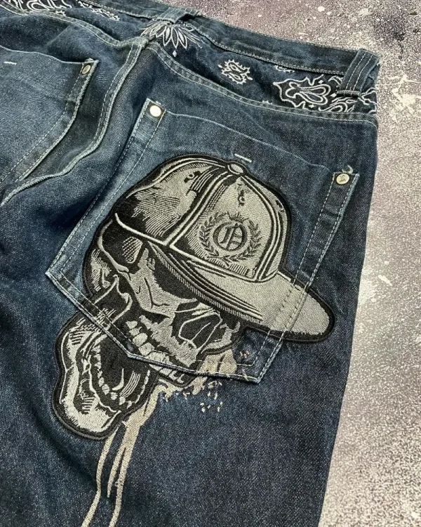 Y2K Jeans New Skull Embroidery Casual Baggy Jeans Men Women Streetwear Harajuku Vintage Gothic High Waist Wide Leg Pant Trouser - Image 3