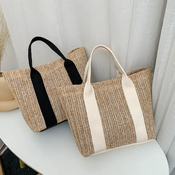 Basket Style Tote Bags Straw Bag With Leather Handles Beach Tote Bags For Women Rattan Basket Handbags Straw Woven Summer Bags - Image 2
