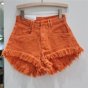 Orange Denim Shorts Women Green Hot Pants 2025 Summer Woman's Clothing All-Match Ins Fashion Wide-Leg Ripped Tassel Shorts