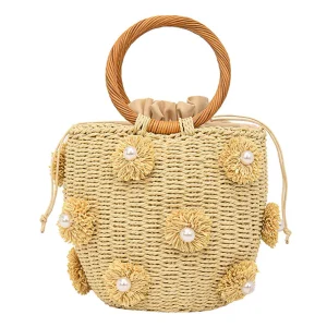 Women Straw Tote Handbag with Pearls Handmade Woven Bag Drawstring Wrist Purse Summer Holiday Beach Bag