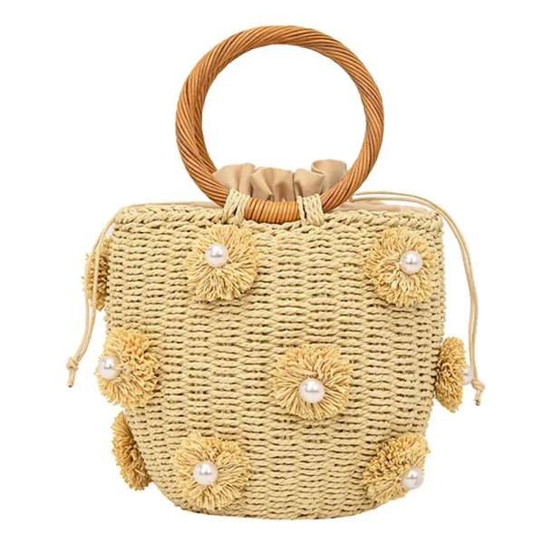 Women Straw Tote Handbag with Pearls Handmade Woven Bag Drawstring Wrist Purse Summer Holiday Beach Bag