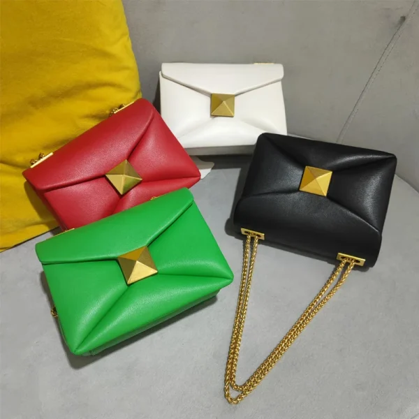 Cowhide Luxury Designer Leather Handbag Golden Big Rivet Chain Shoulder Small Purse Fashion Green Tote Bag Crossbody Women - Image 2