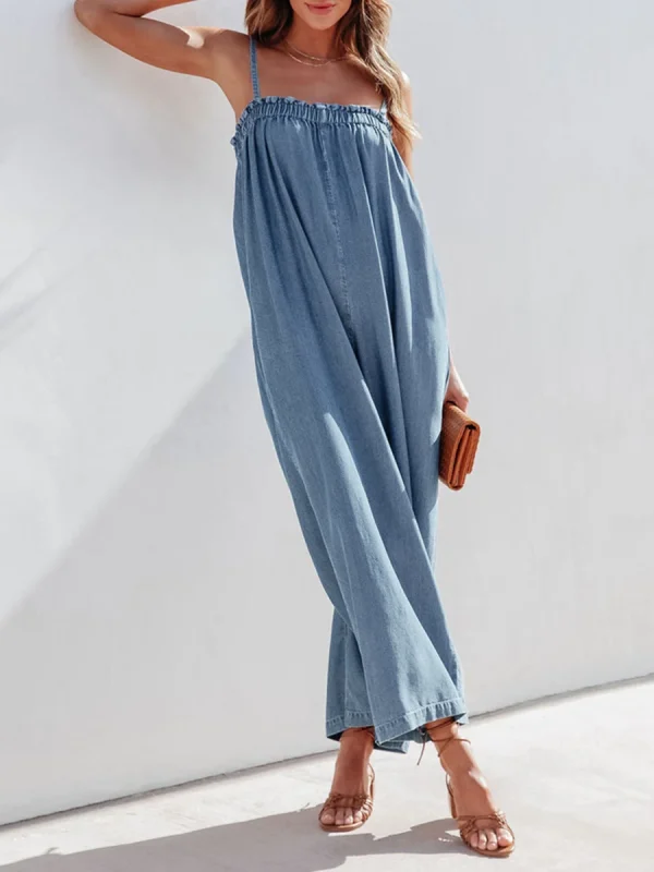 Women Casual Blue Denim One Pieces Jumpsuit Summer Loose Wide Leg Pants Bib Overalls Fashion Pocket Sleeveless Strap Overalls - Image 4