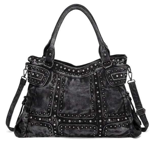 Jeans Bags for Women Hand Bag Large Capacity Retro Denim Tote Bag with Rivet Decoration Crossbody Shoulder Bag - Image 6