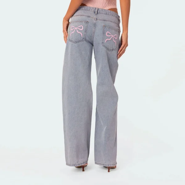Women's Y2K Streetwear Aesthetic Jeans Low Waist Zipper Button Closure Loose Straight Long Trousers with Embroidery Bow Pockets - Image 4