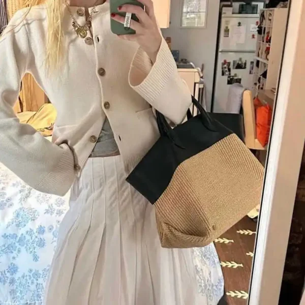 NEW Summer Straw Shoulder Women Large Capacity Rattan Handle Splicing Color Beach Bag Travel Vacation Woven Totes Bag Bolsa - Image 5