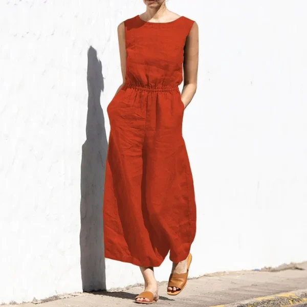 Women Fashion Wide Leg Pant Jumpsuit Summer Casual Solid O- Neck Sleeveless Pocket Playsuit Ladies Loose Boho One-Piece Pants - Image 6