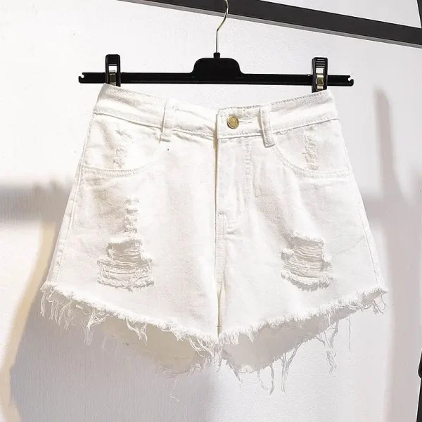 Large Size Denim With Ruffled Shorts Women's Summer High Waisted Loose Hole Wide Leg Student A-line Hot Pants Basic Short Jeans - Image 2