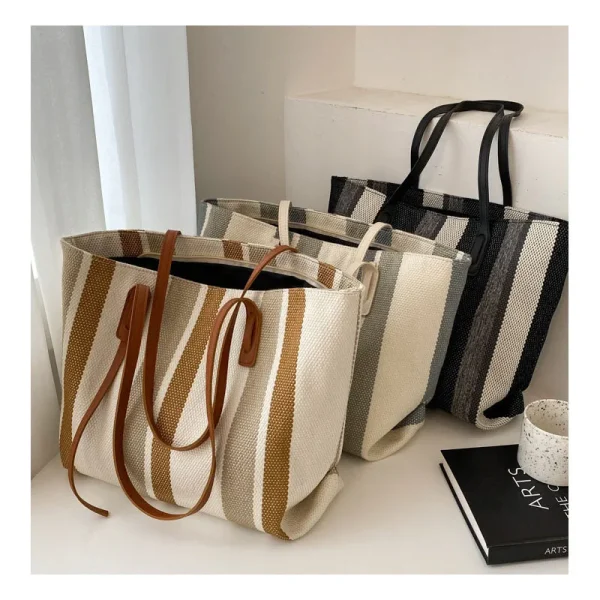 Raffia Summer Bags for Woman 2025 Stripe Designer Shoulder Crossbody Shopper Storage Bag Women Casual Canvas Handbag Tote Bag - Image 2