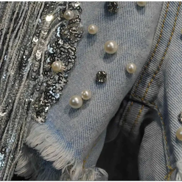 Women Sequined Fringe Denim Shorts Summer Rhinestone Pearl Beading Short Jeans Casual Fashion High Waist Female A-line Shorts - Image 5