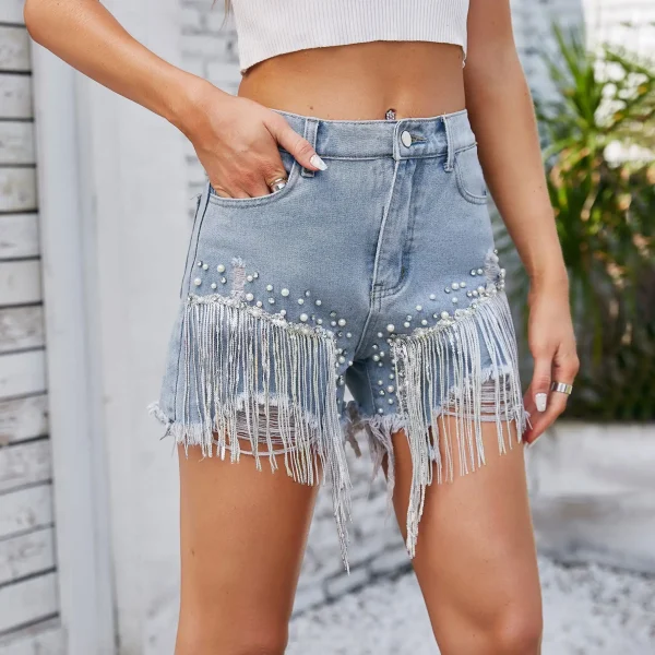 Shorts Jeans Women Casual Hole Denims Tassel Diamonds Distressed Washed Pockets Straight Short Pants Female 2025 Streetwear - Image 2