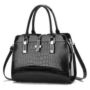 Fashion bright leather women's handbag elegant large capacity crocodile pattern shoulder messenger bag