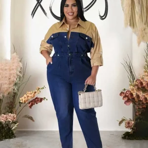 Winter Jeans Jumpsuit for Women Simple and Elegant Long Straight Jumpsuits Plus Size Clothing Female Denim Cotton Jumpsuit