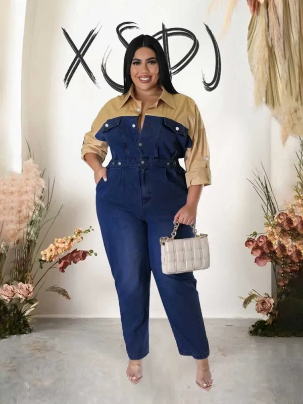 Winter Jeans Jumpsuit for Women Simple and Elegant Long Straight Jumpsuits Plus Size Clothing Female Denim Cotton Jumpsuit