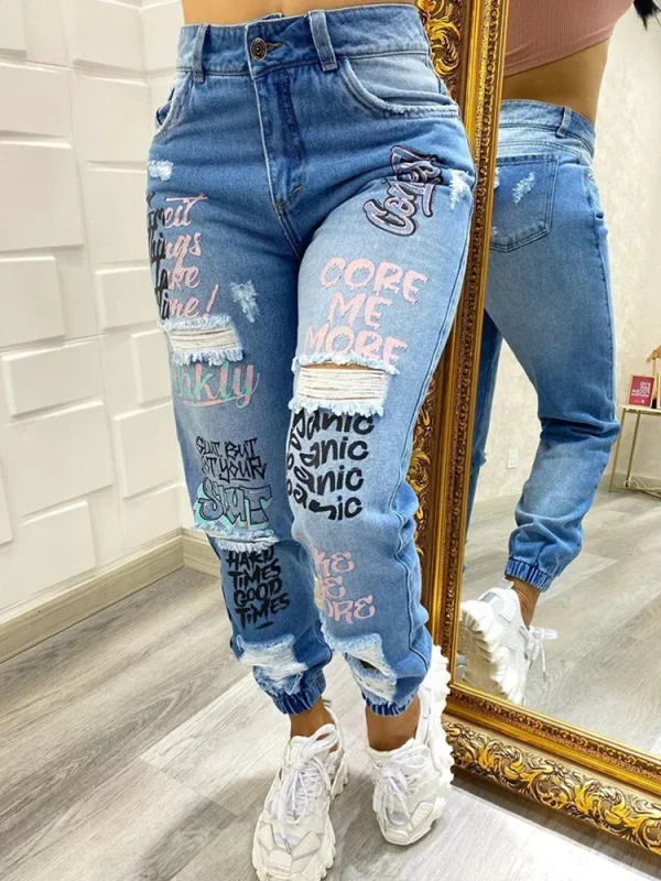 Jeans Women Fashion Stylish Monogrammed Slashed Marabou Chino Jeans Casual Length Trousers Plus Size Pants For Female 2025 - Image 2