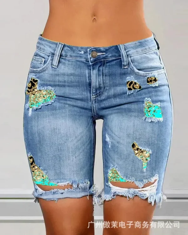 Women Contrasting Color Splicing Fake Two-piece Denim Shorts High Waist Shorts Pants - Image 6