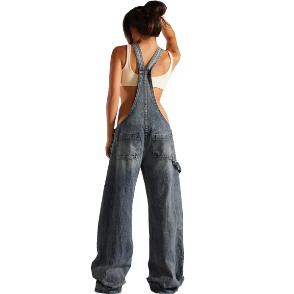 Jumpsuits Women Jeans Overalls Sexy Backless Vintage Full Length Denim Straight Pants Loose Pockets Distressed Washed Casual - Image 6