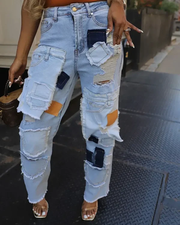 Women Streetwear Cargo Straight Denim Pocket Patchwork Wide Leg Jeans Pants 2025 Fall Fashion Ripped Out Party Trousers - Image 2