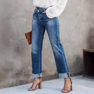 Europe and America Temperament Straight-leg Cuffed Jeans, Women's Spring and Autumn Fashion Water Washing Rough Selvedge Jeans