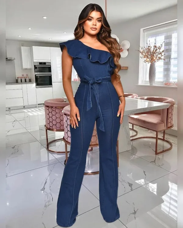 Spliced Ruffles Vintage Jeans Overalls Washed Full Length Jean Wide Leg Denim Pants Distressed Solid 2025 Casual Skew Collar - Image 2