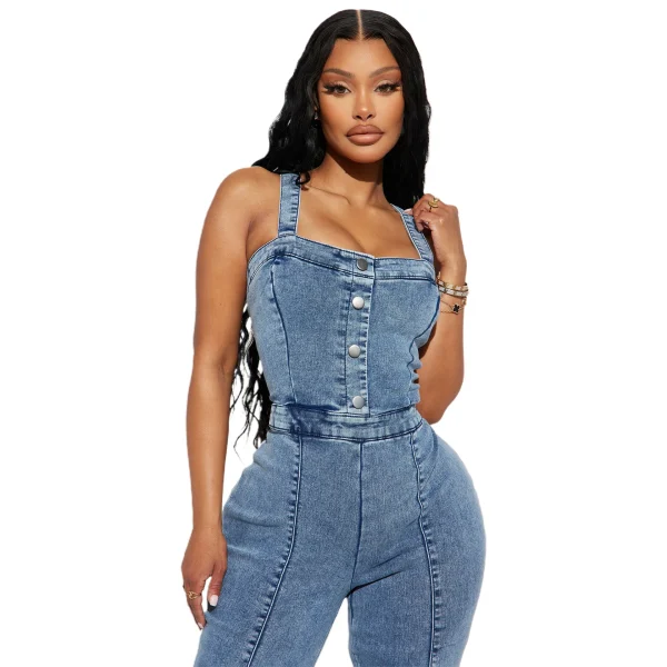 Women Jeans Rompers Sexy Overalls Jumpsuits Square Collar One Piece Solid Flare Pants Ankle Length Baics Spliced Button - Image 4