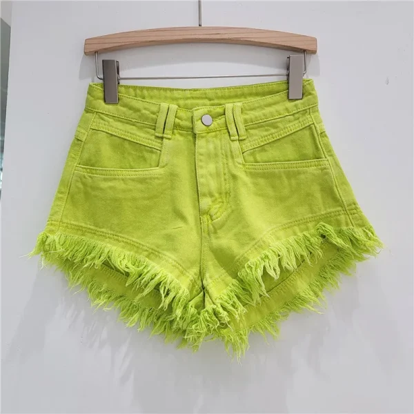 Orange Denim Shorts Women Green Hot Pants 2025 Summer Woman's Clothing All-Match Ins Fashion Wide-Leg Ripped Tassel Shorts - Image 4