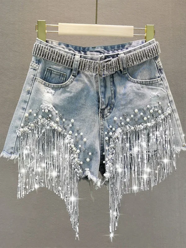 Summer Elegant Shorts Lady Tassel Beading High Waist Wide Leg Denim Shorts Female Casual Solid Shorts Jeans for Women Clothing - Image 5