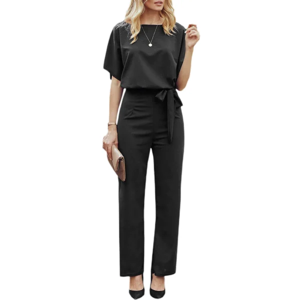 Women's Clothing Summer 2025 Trend Jumpsuit, Elegant Short Sleeve Hollowed Waist Tie Solid Summer Wide Leg Pants