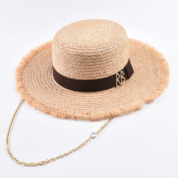 Natural Raffia Straw Hats for Women Fashionable Metal RB Letter Sun Hat Outdoor Holidays Beach Sun Protection Hat - Image 6