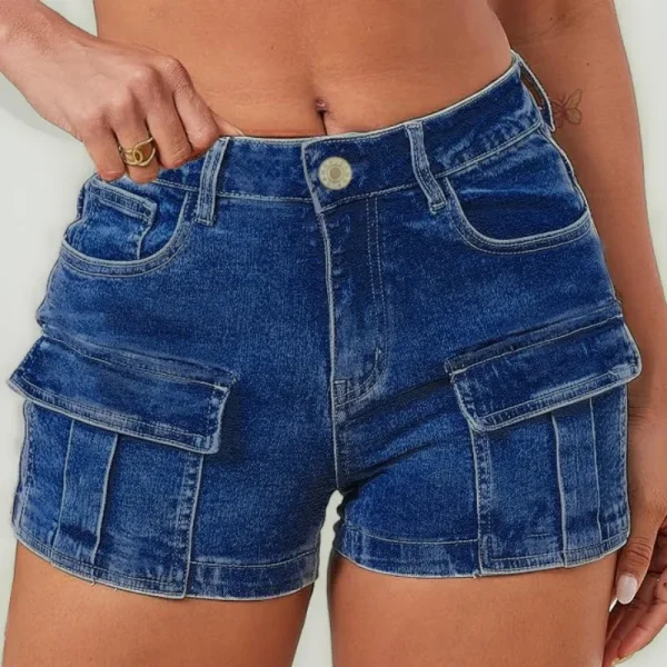 Woman Denim Shorts High Waisted Blue Cargo Style Denim Shorts Trendy Summer Outfit Popular Choice