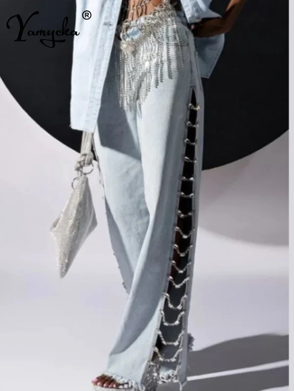 Sexy hole rhinestone denim pants women fashion baggy pants hotwife streetwear high waist wide leg jeans woman clothing trousers - Image 3