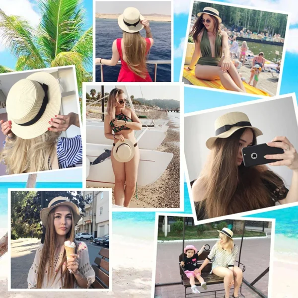 Straw Hat Women Summer Hat Beach Ladies Casual Flat Brom Bowknot Panama Hat Breathable FashBreathable Fashion Sun Hats For Women - Image 2