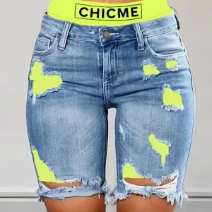 Women Contrasting Color Splicing Fake Two-piece Denim Shorts High Waist Shorts Pants